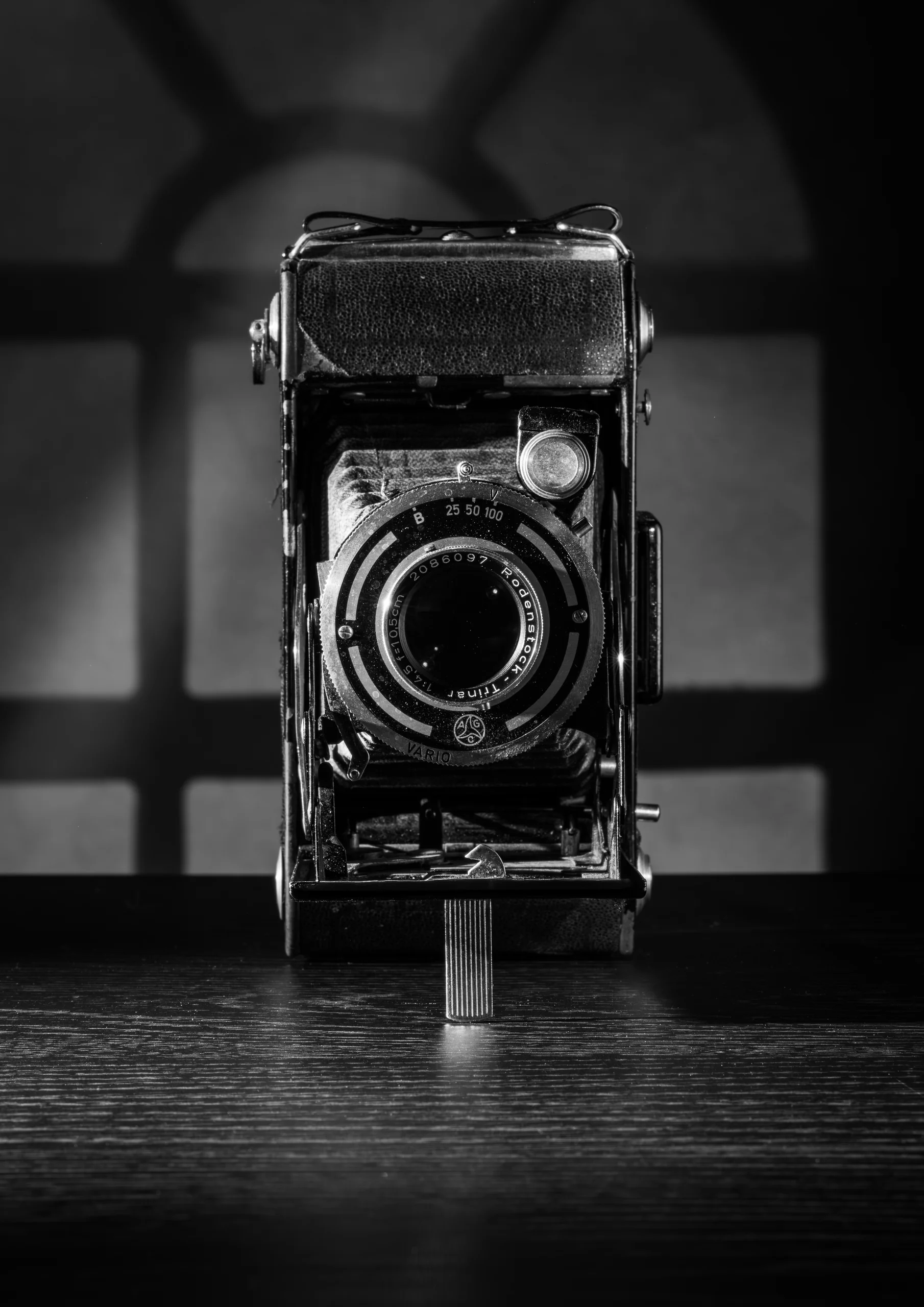 Zwart-wit stilleven van een oude klapcamera voor een raam
