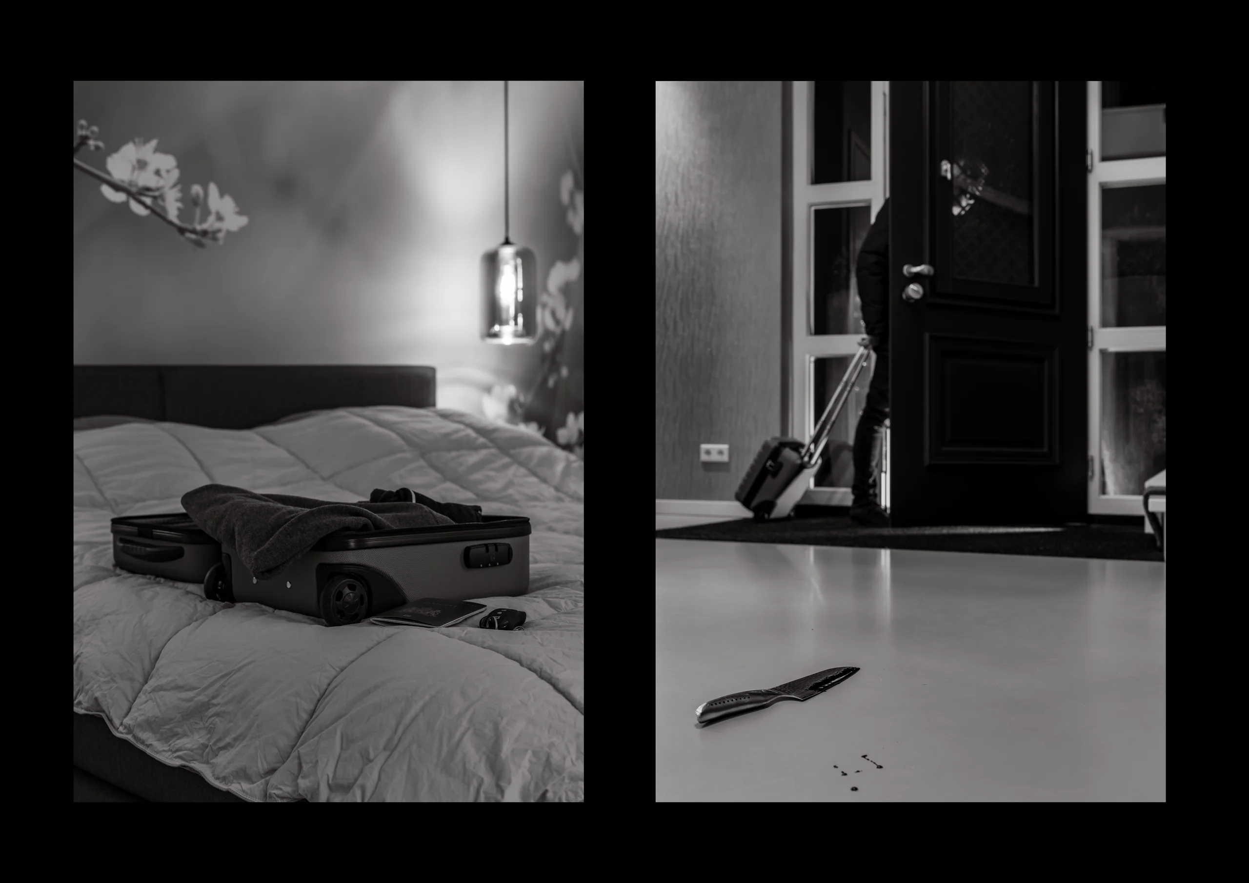 Tweeluik in zwart-wit: een open koffer op het bed, een man vertrekt met een rolkoffer terwijl op de vloer een mes ligt