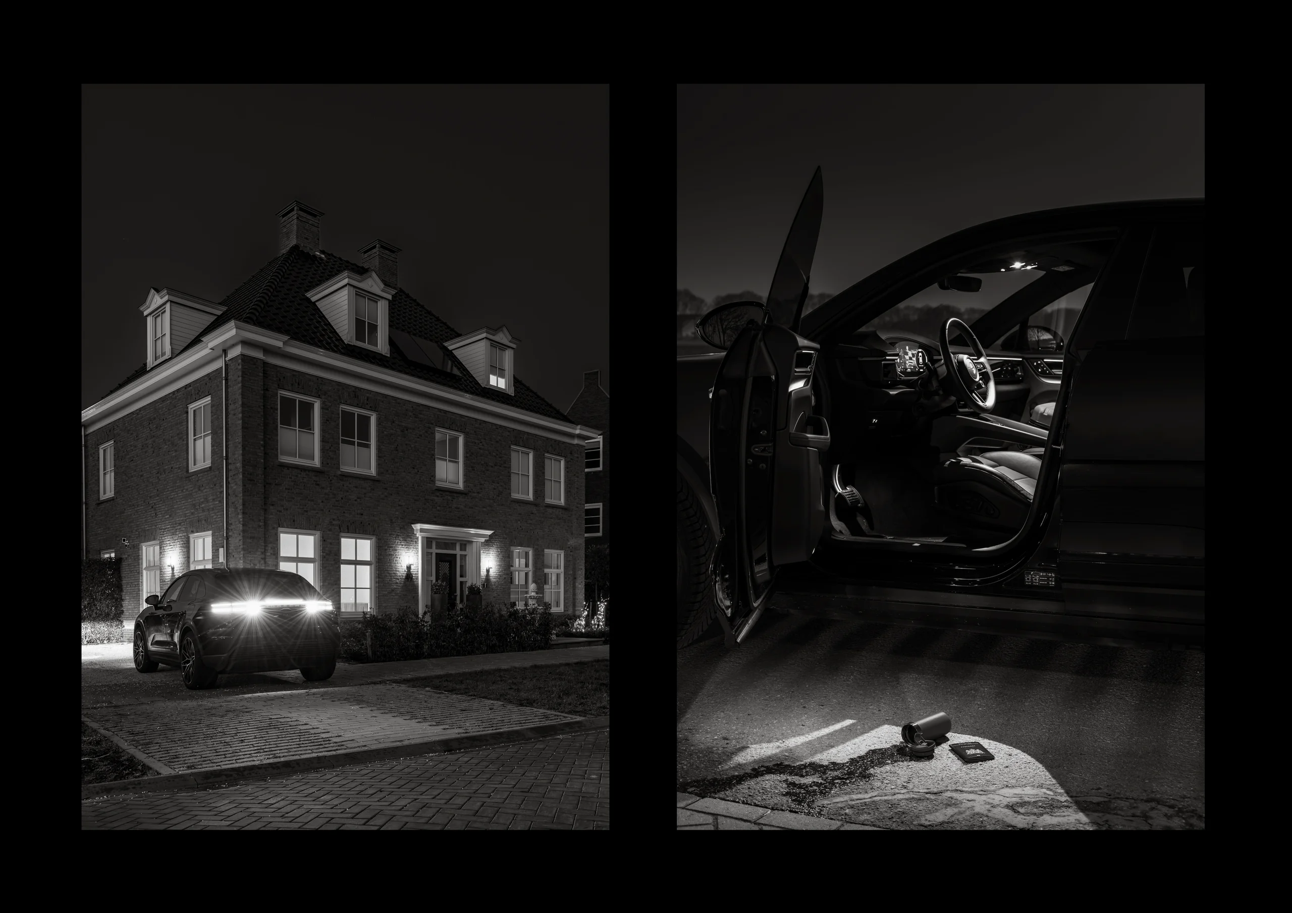 Tweeluik in zwart-wit: een auto bij nacht voor een vrijstaand huis, het geopende portier met spullen op de grond